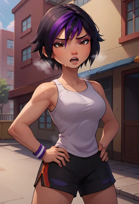 score_9, score_8_up, score_7_up, BREAK,gogotomago, 1girl, solo, short hair, black hair, jewelry, lo purple hair, bracelet, makeup, casual, cowboy shot, brown eyes, looking at the viewer, large breasts,outdoors,city, hands on hips, white tanktop, sweaty, bl...
