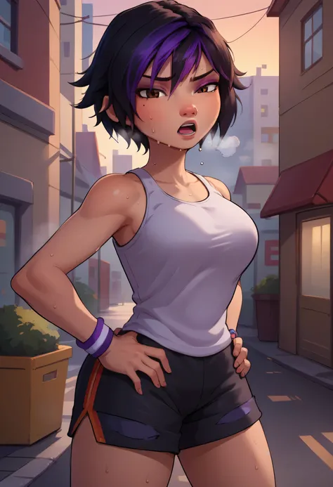 score_9, score_8_up, score_7_up, BREAK,gogotomago, 1girl, solo, short hair, black hair, jewelry, lo purple hair, bracelet, makeup, casual, cowboy shot, brown eyes, looking at the viewer, large breasts,outdoors,city, hands on hips, white tanktop, sweaty, bl...
