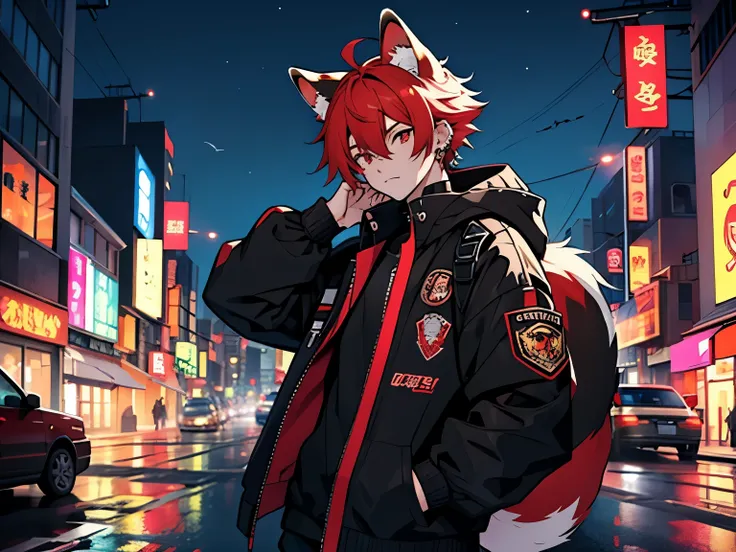 red panda boy, animal_ears, multicolored_hair, solo, red_eyes, red_hair, jacket, white_hair, motor_vehicle, ground_vehicle, 1boy, 2 earrings for ear, looking_at_viewer, ear_piercing, male_focus, animal_ear_fluff, piercing, black_jacket, ahoge, closed_mouth...