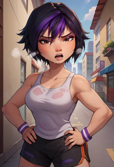score_9, score_8_up, score_7_up, BREAK,gogotomago, 1girl, solo, short hair, black hair, jewelry, lo purple hair, bracelet, makeup, casual, cowboy shot, brown eyes, looking at the viewer, large breasts,outdoors,city, hands on hips, white tanktop, sweaty, bl...