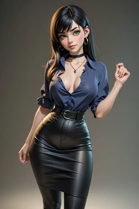 Best quality, 3d rendering work, 3DMM style, Close-up, Portrait,3D, 1girll, only, Black hair, earrings, looking at the camera, Realistic, Thin hips, Full body, ((soft cotton blouse)), (blue blouse), posing on a Simple background, bangs, looks away, Long st...