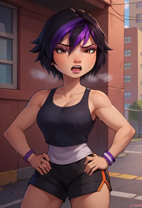 score_9, score_8_up, score_7_up, BREAK,gogotomago, 1girl, solo, short hair, black hair, jewelry, lo purple hair, bracelet, makeup, casual, cowboy shot, brown eyes, looking at the viewer, large breasts,outdoors,city, hands on hips, black tanktop, sweaty, bl...