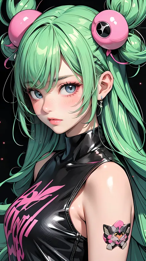 Young woman, anime, sexy, One Full Growth in Latex,  sparkles, Pink Green Hair, posing, on the Background Cyber Punk Sewer, in the Fog and Green Haze, Glitter Dust, dynamic shadows, masterpiece, bright colors, Shimmers, clear details, beautiful appearance,...