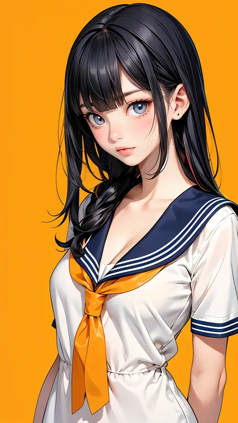 One young asian girl、Sailor suit, bangs、freckles、high school girl、Slender、Slender body、sexy pose, arms behind back, yellow hair, big orange eyes, (anime), manga, big breasts, cleavage, (solid background), 