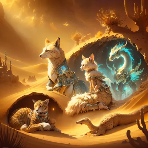  There are three animals that are together in the desert, sand desert Fantasy, surreal and Fantasy art, highly detailed Fantasy art, furry Fantasy art, por Kerembeyit, realistic Fantasy illustration, detailed Fantasy digital art, detailed Fantasy art,  by ...