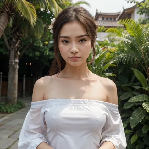 hyper quality,high detail,high resolution,FHD,1080P,2K4K18K,1girl,solo,(From the front),chinese clothes,off shoulder,Shiny and fair skin,outdoor,simple background,LYF@SEAN