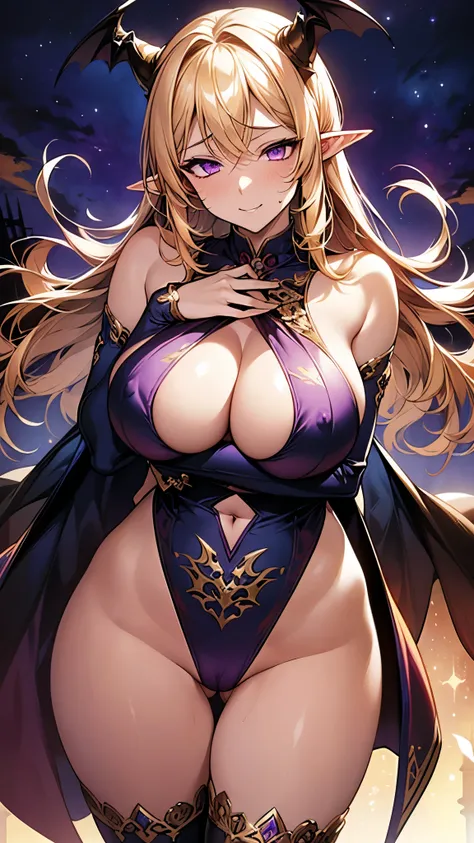  HIGH DEFINITION REALISTIC CG ,  colorful ,  Masterpiece  ,  top quality,  eyes like jewels,  1 girl , Alone, cute girl,  gold hair,  long hair, Hime Cut,  succubus, Bat Wings,  succubus horns, Big Breasts,  Saggy Breasts ,  clevis,  purple eyes , Shiny ey...