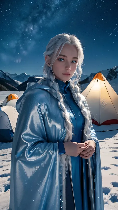  a majestic woman with platinum colored hair and clear blue eyes、 wears a shining blue cloak like ice 、 is camping in a snowy mountain under a starry sky 。 bonfires give off soft light 、 contrasts with the ice-covered environment 。 pine trees covered with ...