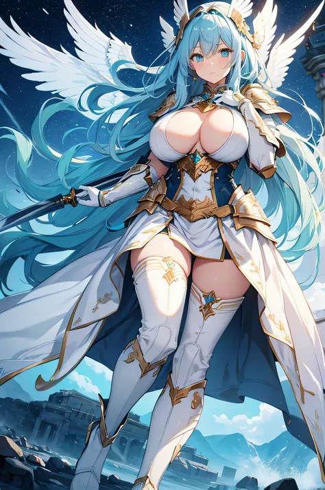 4K, high definition ,One Woman, light blue hair, long hair, green eyes, huge boobs, Valkyrie,White sacred armor,Heavy Armor, white armor long boots, White Long Gloves,Winged headgear,Holy Sword,Jewelry decoration,Temple in the Sky