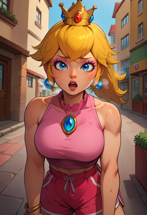 score_9, score_8_up, score_7_up, BREAK,princesspeach, 1girl, solo, , blonde hair, ponytail, jewelry, bracelet, makeup, casual, cowboy shot, blue eyes, looking at the viewer, large breasts,outdoors,city, hands on knees, pink tanktop, sweaty, pink shorts, sw...
