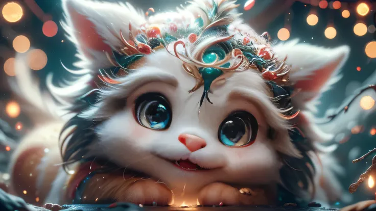 Magical Fantasy Creature, (Best Quality, Masterpiece, Representative Work, Official Art, Professional, Super Detailed, 8k:1.3), (Photorealism:1.2) Super Cute, Big Eyes, Soft, Soft Nose, Fluffy, Double-Toothed Smile, Aurorastyle, Highly detailed Dynamic sho...