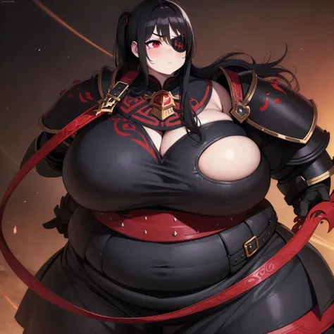 a fat woman, crimson red eyes, full black metal body armor, fantasy, epic, dramatic, warrior,Eyepatch, menacing, villaness, Long Hair, Black Hair, Twintails, 