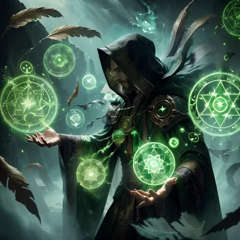  a man in a green robe holding glowing circles like Doctor Strange,  spell casting wizard,  spell casting, casts magic,   an arcane wizard casting a spell  , Black Magic Spells , Fantasy Wizard 