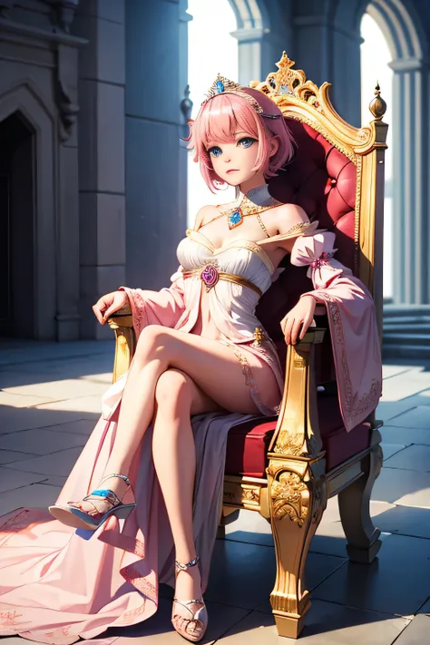 princess， pink short hair with naughty blue eyes， straight， sit on the throne，Noble attire，Inside the castle，Beautiful Face，My eyes are golden ，woman，