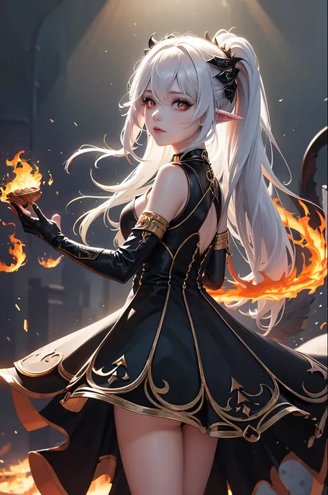 masterpiece, best quality, ultra-detailed, absurdres, colorful, 1girl, solo, (solid red eyes:1.0), (white hair, long hair, straight hair, hair over one eye:1.0), detailed eyes, wide-eyed, eyelashes, (upper body:0.8), monster girl, side view, glowing eyes, ...