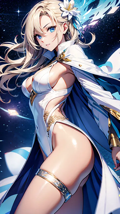 This figure is tall 、 with a slender, graceful physique 、 has long straight blond hair and blue eyes 。 this person is wearing a white suit 。 in the background there is a serene cosmic landscape with stars and gentle rays、evokes peace and harmony 。 the over...