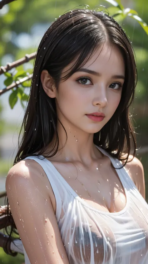 ( top quality, 4K,   Masterpiece   :1.3),  Pretty Woman,  1 girl , Baby Face:1.3,  sexy :1.1,   Lots of Dark Brown Hair: 1.1, ( rain falling wet ,  wet in the rain,  wet body :1.2),   white tank top ,  super detailed face,  detailed lips from home,  detail...