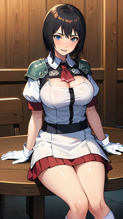 shizune, large breasts,
BREAK ((puffy sleeves, red ascot, red skirt, short sleeves, shoulder armor, single pauldron, skirt, socks, white dress, white footwear, white gloves:1.2)),
BREAK (new:1.4)  smile, (blush:1.2), sitting at the library table, (grab you...