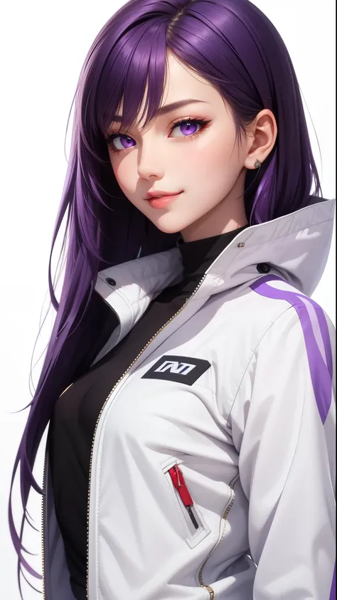 (  Masterpiece  ,  top quality),  complex details, thin, (( slim)),  beautiful girl,  purple hair,  short bang, Light purple eyes, Sharp jaw, White jacket,  long hair, lips,  upper body,  close,  smirking 