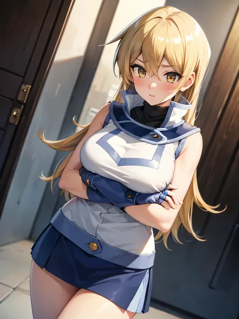 1 Female,High definition,high resolution,Ultra-realistic,8K, ta1, blonde hair, long hair, yellow eyes,white jacket, sleeveless, blue skirt, tight skirt, miniskirt,fingerless gloves, large breasts,European,sexy,Upper body close-up,Photographed from the fron...