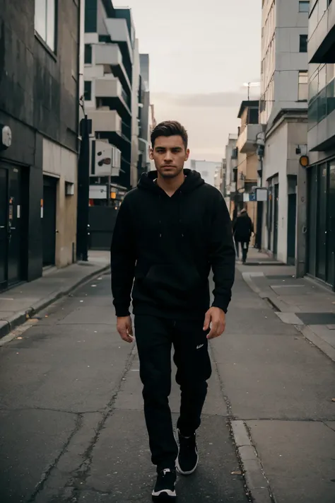 Man wearing a black hoodie walking to the camera with urban background
