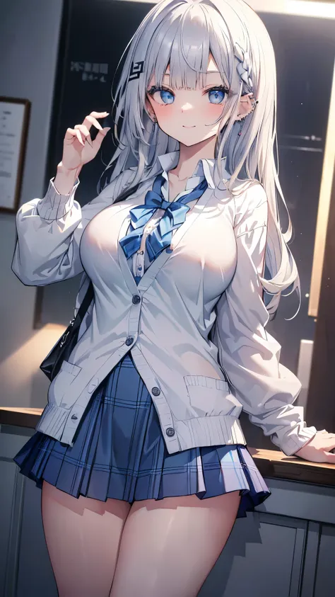 ((masterpiece、 top quality、 very detailed))、 one girl、improve、dark silver hair 、 long hair、straight hair、((asymmetrical bangs))、 Light Blue Eyes 、evil smile、((lots of piercing))、(( Big Breasts ))、(( light blue collared shirt))、((White cardigan:1.2))、((ligh...