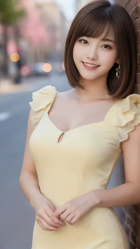 masterpiece,  top quality,  one girl, ( beautiful girl:1.3), (20 years old:1.2),  extremely delicate eye depiction , ( symmetrical eyes:1.3), nsfw, ( High Detail Mini Dress、 pastel yellow 、:1.3),  Beautiful breasts,  Brown Eyes ,  split bangs ,  brown hair...