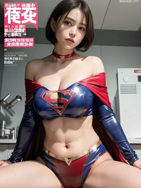 masterpiece、 latex supergirl costume 、 off-shoulder、Ultra short hair、 Big and Rich Breasts 、 sweaty and shiny skin 、Look directly into the camera、 choker、Provocative cleavage、 Long Sleeve 、Cape、Glamorous bare legs、 in front of laboratory equipment in hospi...