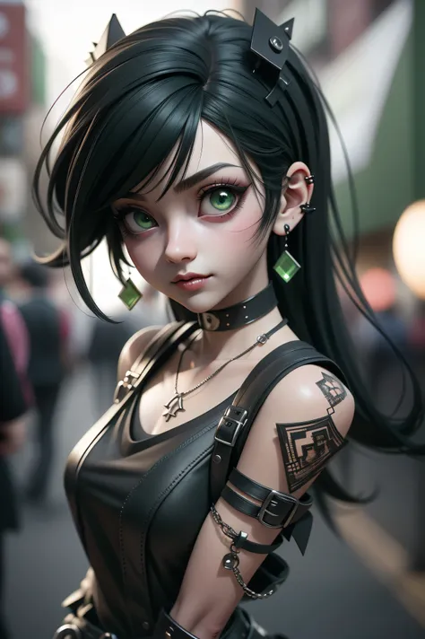 Best quality, 3d rendering work, 3DMM style, Close-up, Portrait,3D, 1girll, only, Black hair, earrings, looking at the camera, Realistic, Thin hips, Full body, ((goth)), (panties), posing on a Simple background, bangs, looks away, Long straight black hair,...