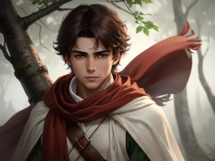 Detailed 8k image a young man with bright brown eyes, dark brown hair that is medium-length. He has a red bandana on his head and is wearing a white cloak with a green scarf around his neck. His boots are white and he is standing sideways, leaning against ...