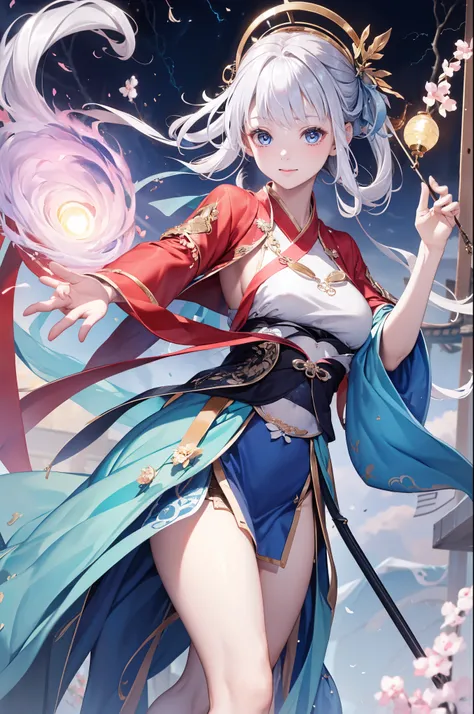 ( is the best quality ,4K,8k, high resolution ,masterpiece:1.2), extremely detailed , Mature Women ,, magic ,charm,joy, Holy Goddess , magic al effect,Silver Hair, blue eyes ,Thunder and lightning,Chinese fairy skirt,pink hanfu