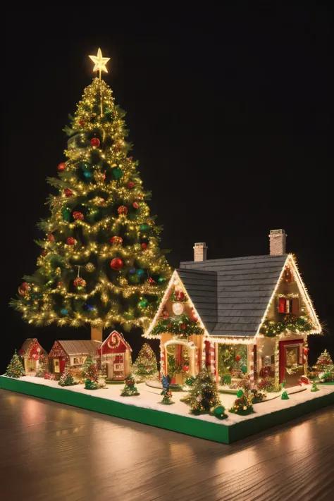 (photorealism:1.2), santa toy against black background, miniature christmas village with christmas trees and colorful lights, intricate details