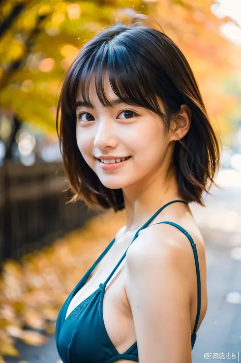  A 20-year-old woman 、 has a cute face like an idol .　 gentle and cute 　 smiling gently 　maple bikini　 bust slightly larger 　Walk through the beautifully colored streets of autumn leaves　live-actionと区別がつかない品質　live-action　 RAW photos 　Real life