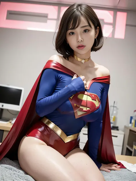 masterpiece、 latex supergirl costume 、 off-shoulder、Ultra short hair、 Big and Rich Breasts 、 sweaty and shiny skin 、Look directly into the camera、 choker、Provocative cleavage、 Long Sleeve 、Cape、Glamorous bare legs、 in front of laboratory equipment in hospi...