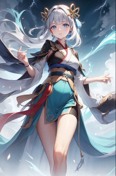 ( is the best quality ,4K,8k, high resolution ,masterpiece:1.2), extremely detailed , Mature Women ,, magic ,charm,joy, Holy Goddess , magic al effect,Silver Hair, blue eyes ,Thunder and lightning,Chinese fairy skirt,pink hanfu