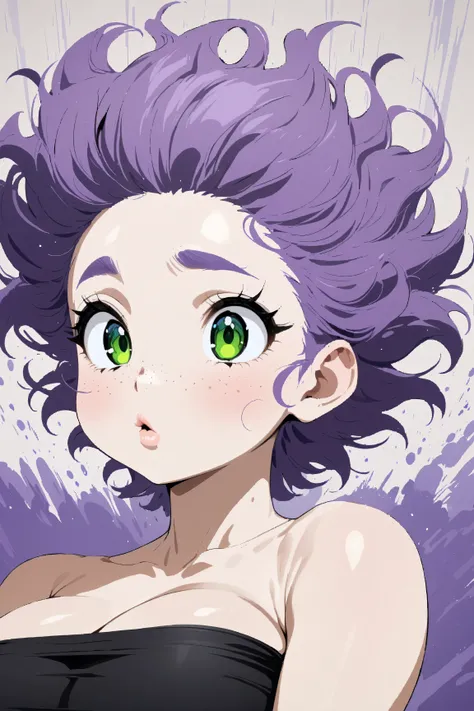 (masterpiece, highres, high resolution:1.2), anime 20 yo girl, portrait, shoulders up, illustration. drawn, violet hair woman, green eyes, blushing, solo, surprised, freckles, big lips, huge breasts, perfect body, wearing a tube top, no hands,