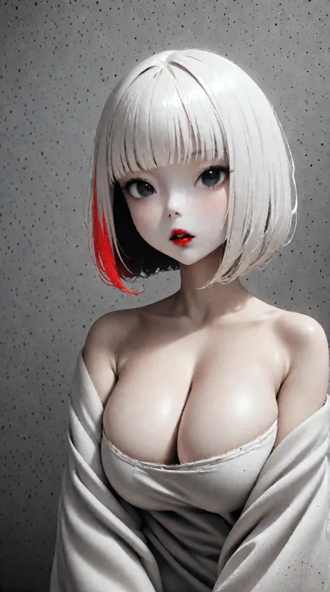 one girl, An ennui look、Upper body angle、 concrete background、bob cut、 short hair, colorful hair, compensate, parted lips, red lips, eyelinelm grain,a black and white photo:1.3、RAW photo)))、highest quality、ultra high resolution、masterpiece、background blur,...