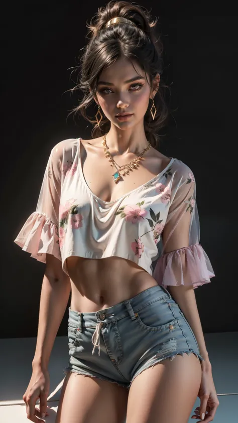 Flat Core, compensate, mascara, Soft lips, wicked sexy smile, colorful, minimalism, monotone, simple, clean, sharp project, Fluid silhouette, pink top, pink short shorts, Hawaiian sarong, asymmetrical, geometric, Elegant and luxurious materials and design,...