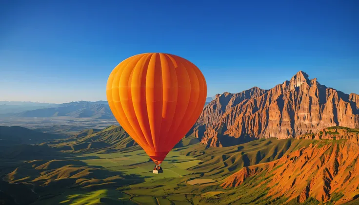  Masterpiece  ),  top quality, 1 colorful orange hot air balloon,,  high definition ,   high detail  , 16k、Mountain、Clear blue sky 