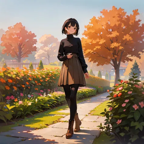 ( High Quality ,  high definition , Very detailed, reality:1.37), Peaceful atmosphere, (Outdoor, garden ,autumn),  teenage girl standing alone, Beautiful details,  cute smiles , (Black Bob), Ribbed sweater,Brown skirt, Black tights,  brown boots .