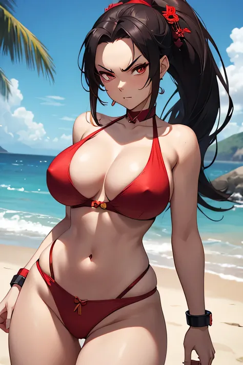 sexy avatar character: Azula (angry expression, beach, massive breasts, slim waist, wide hips, ponytail, red bikini)