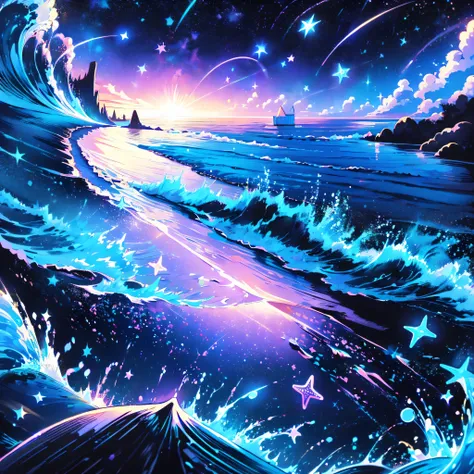 black light , 1 girl 、Chibi、cute、 black light ボディペインティング、Star Fairy、Meteor Shower、 composition from below 、Night sea、🌊、Wave、Waveがきれいに輝いている