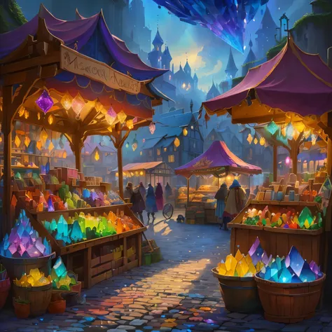 a painting of a market with lots of colorful crystals on display, a bustling magical town, medeival fantasy town, crystals enlight the scene, fantasy town, fantasy vendor interior, magical village, fantasy town setting, magical atmosphere, magic shop, mark...