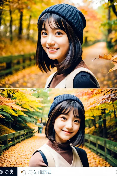  A 20-year-old woman 、 has a cute face like an idol .　 gentle and cute 　 smiling gently 　 bust slightly larger 　 beautiful fall foliage　(( bikini made by collecting autumn leaves)) Walking through a forest of autumn leaves 　live-actionと区別がつかない品質　live-actio...