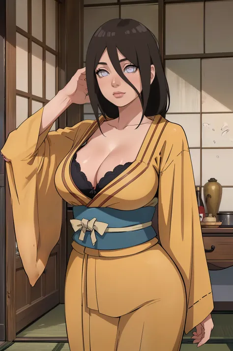 (masterpiece:1.2, best quality:1.2, beautiful, high quality, highres:1.1), detailed, extremely detailed 4K, perfect eyes, perfect face, perfect lighting, (1girl, solo, adult female, mature female), thin, Hanabi Hyuga, big breasts, ((traditional japanese in...