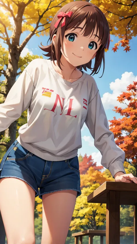 1 girl, alone, haruka amami, casual autumn clothes, standing, (leaning forward: 1.3), looking at viewer, (smile: 1.2), In the forest of autumn leaves, (blue sky, view from below, Composition that shows the sky), CG, unity, 8k, wallpaper, highest quality, m...