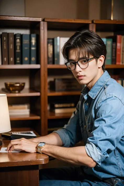 Fotografia realista, 8k ,HA young man sits in a modern office environment, wearing smart casual clothing, including glasses with clear lenses. He has well-combed brown hair and a friendly expression. The background shows a well-preserved Old Library space ...