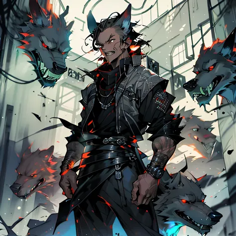   Elegant muscular man posing with several scary wolves in the background , dark-haired man light brown eyes short gray creepy hair  , with an aura coming out of your body and a blood-red fire 