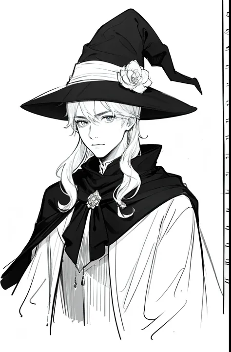 ​masterpiece, superlative, Elegant young wizard, masculine , soli, Cute Halloween , flower line drawing background, white background, monocromatic, line-drawing, ((sketch)), frightful, man wearing black cape and witch hat