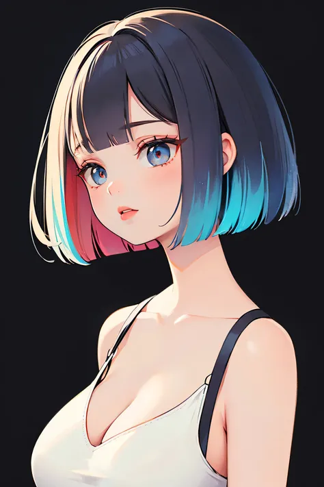 one girl, An ennui look、Upper body angle、 black background、bob cut、 short hair, colorful hair, parted lips, red lips, highest quality、masterpiece、big breasts, cleavage, 